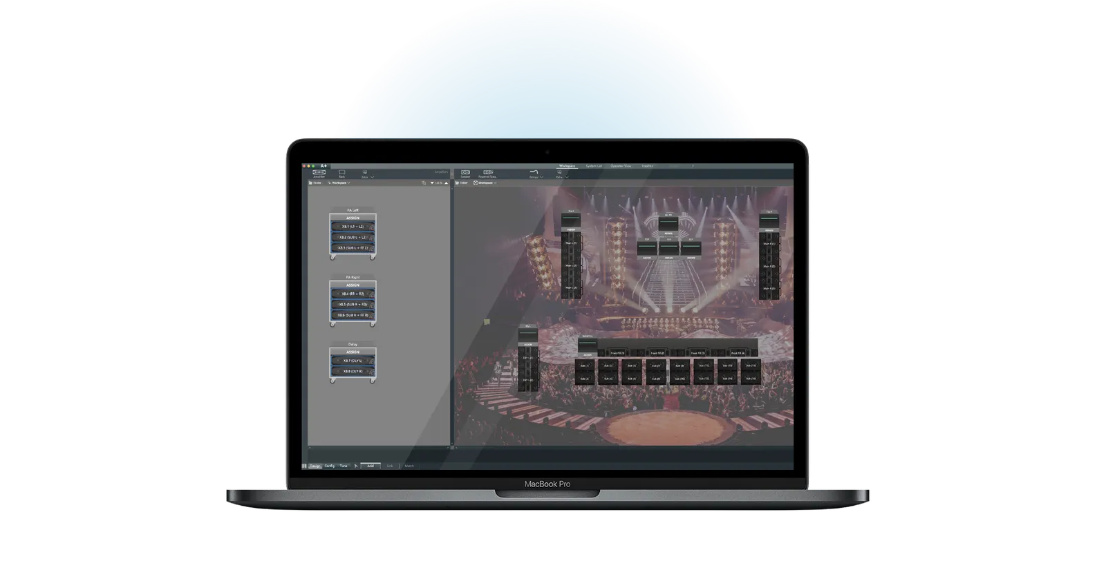 ArmoníaPlus on a MacBook Pro: PA Left, PA Right and Delay amplifier racks and speaker groups over an arena photo