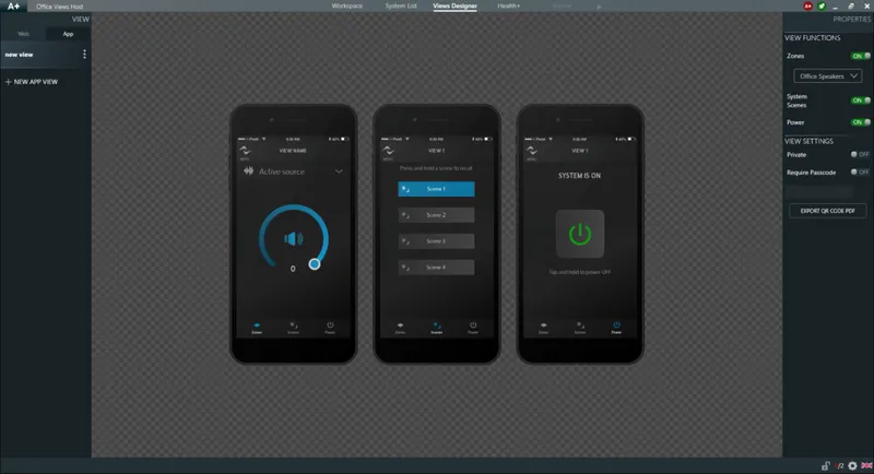 ArmoníaPlus Views Designer: three smartphone views for zone volume, scene recall and system power