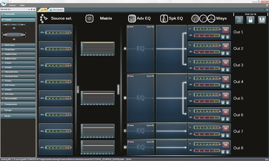 Armonía X Series signal chain: source selection, matrix, advanced EQ, speaker EQ, ways and outputs 1 to 8