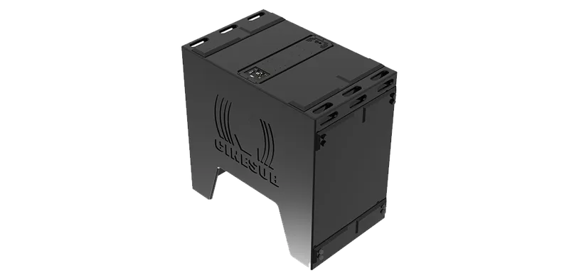 CINESUB reference design, tall black cabinet with the CINESUB logo cut into the side panel