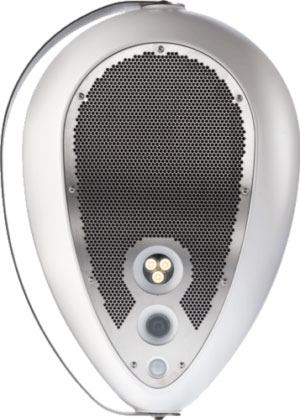 Deva, front view: white shell with perforated grille, light, camera and sensor