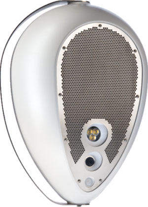 Deva, three-quarter view: white shell with perforated grille, light, camera and sensor