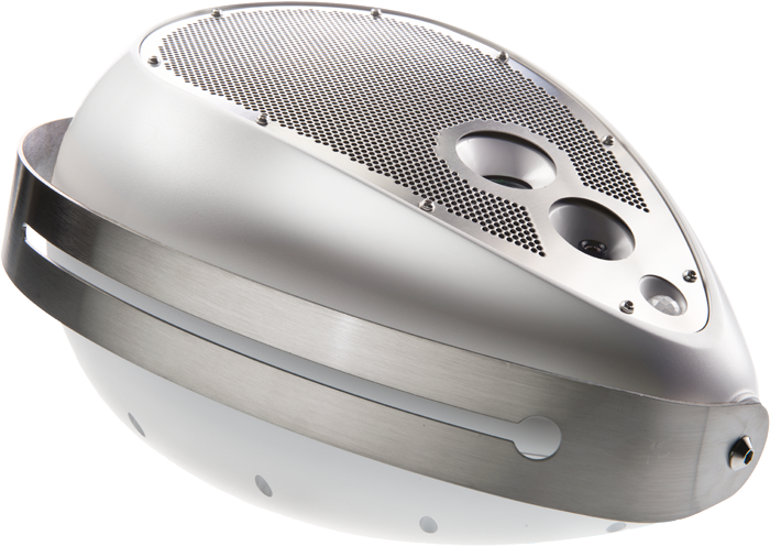 Deva multimedia unit, white egg-shaped enclosure with perforated grille and lens openings