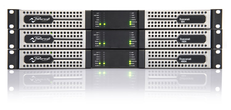 Duecanali 804, 1604 and 4804 amplifiers stacked, front panels with status LEDs