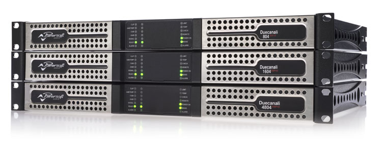 Duecanali 804, 1604 and 4804 DSP+D amplifiers stacked, angled front view