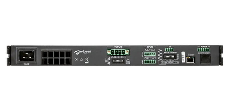 Duecanali 5204 DSP amplifier, rear panel: mains inlet, output and input terminal blocks, GPI, Ethernet and alarm