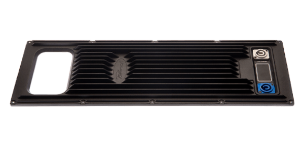 Heatsink Large: black finned plate with a rectangular opening and two power connectors