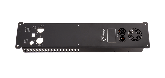 Heatsink Small: black panel with two mains connectors, fan grille and two round connector cutouts