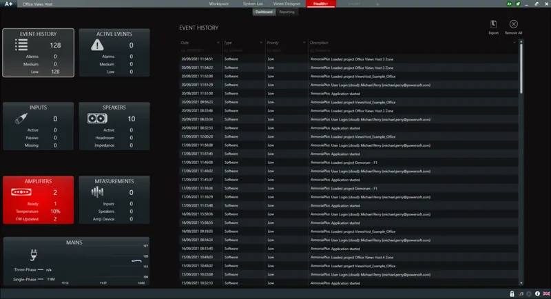 HealthPlus dashboard in ArmoníaPlus with the Amplifiers panel in red: 1 of 2 amplifiers ready