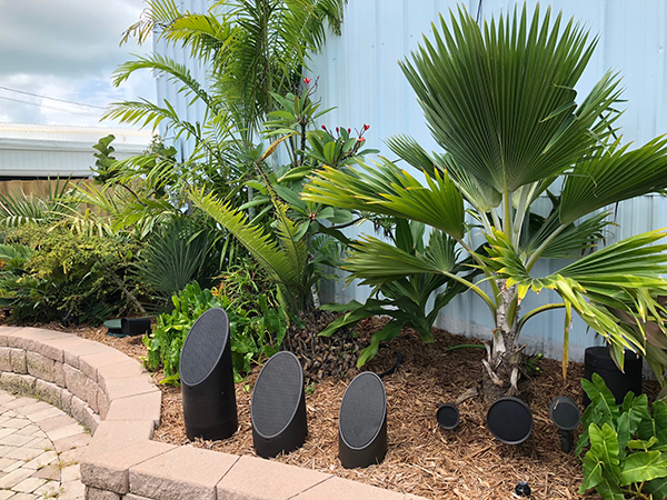 Outdoor speakers among palms and plants in a landscaped garden bed