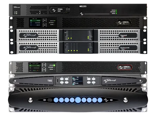 Powersoft install and touring amplifiers: Prima 324, Mezzo, UNICA, Duecanali, Quattrocanali, T902 and an amplifier with blue front buttons