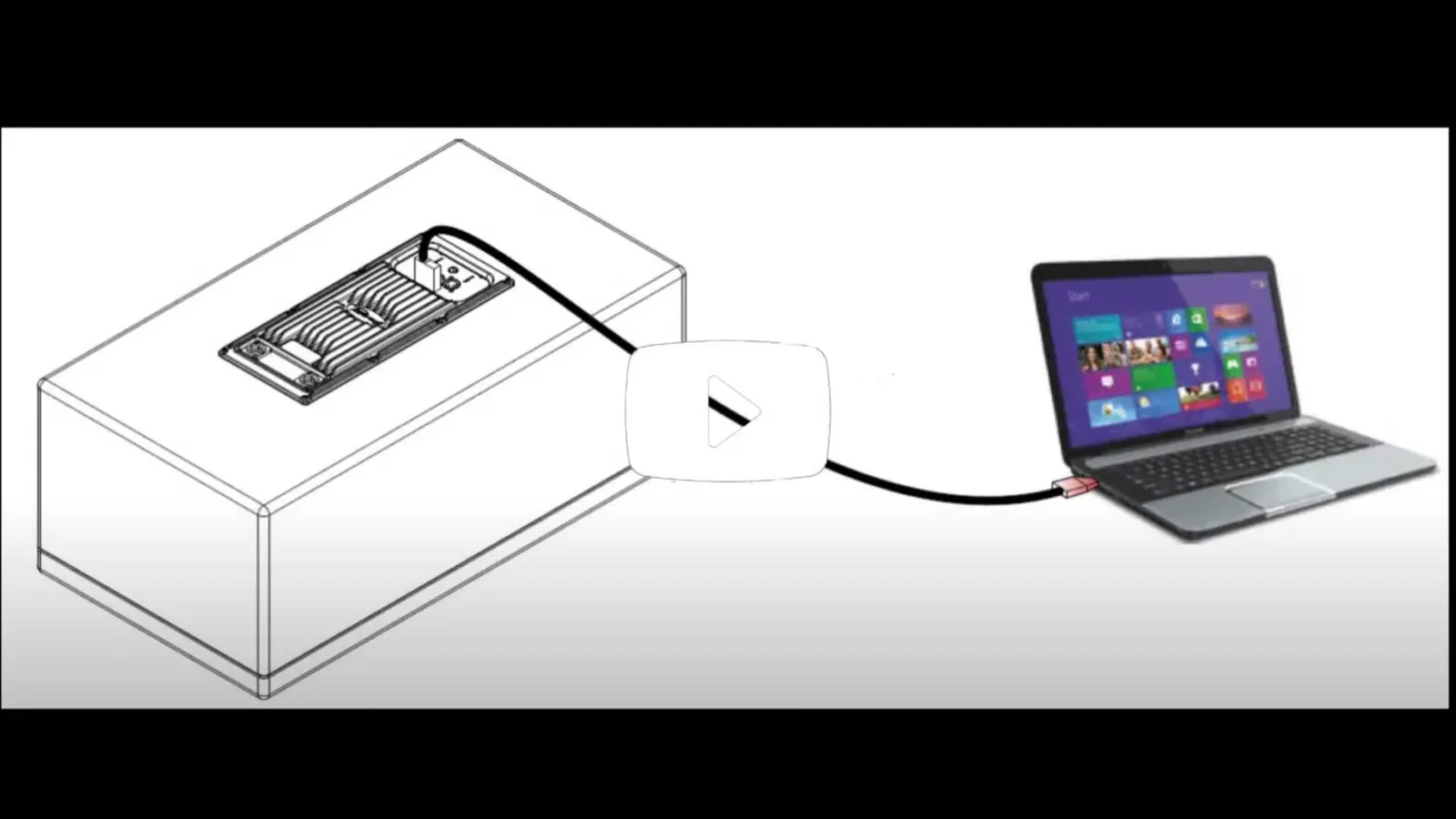 Drawing of a loudspeaker cabinet with an amplifier module on top, cabled to a laptop, with play button