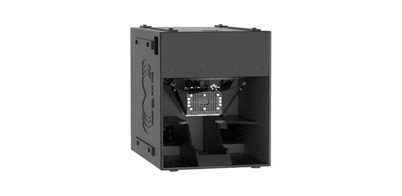 M SUB reference design cabinet, front view with the M-Force transducer visible in the opening