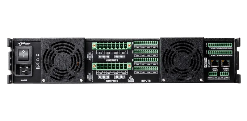 Ottocanali 8K4 DSP+D amplifier, rear panel with two fans, Euroblock connectors and Ethernet ports