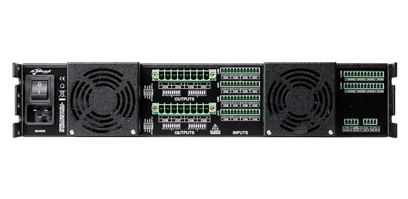 Ottocanali 8K4 amplifier, rear panel: mains inlet, two fans, output and input terminal blocks