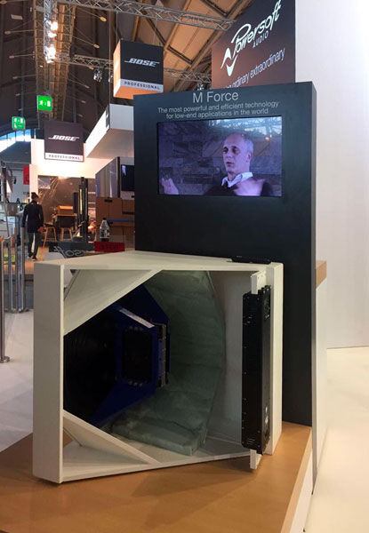 Cutaway subwoofer with an M-Force motor at the Powersoft stand, Prolight + Sound 2017