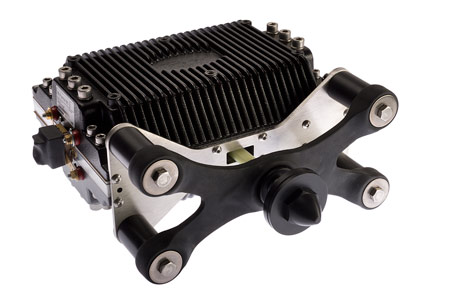 M-Force motor on a white background: black finned housing and metal frame