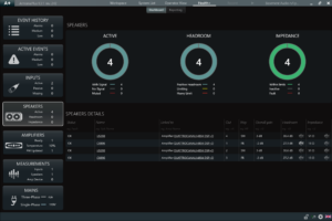 ArmoníaPlus Health+ dashboard, Speakers view: active, headroom and impedance status of four speakers