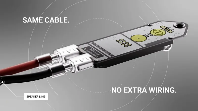 SpeakerMATE connected to a red and black speaker line, with the text: Same cable. No extra wiring.