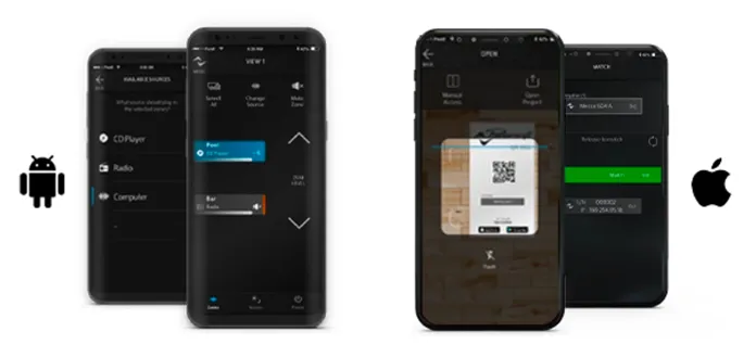 Sys Control App on four smartphones: sources, zones and project opening by QR code; Android and Apple logos