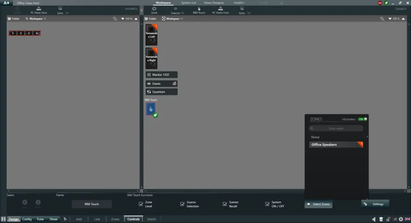 ArmoníaPlus workspace with a WM Touch selected and its functions: zone level, source, scenes, system on/off