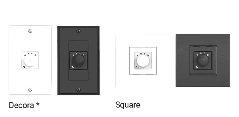 WMP source selection controller in Decora and Square formats, white and black versions