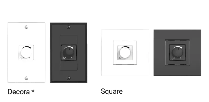 WMP volume controller in Decora and Square formats, white and black versions