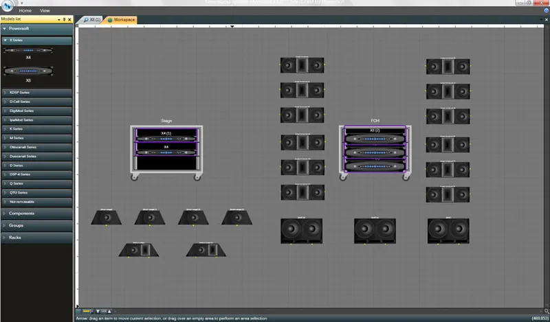 Armonía workspace with a stage rack of two X4 and a FOH rack of three X8 amplifiers, plus loudspeaker icons