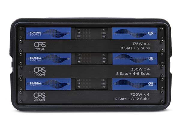 Rack case with three Coastal Source CPS amplifiers: 700/4, 1400/4 and 2800/4 (175, 350 and 700 W x 4)