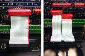 Two views of flat ribbon cables with red micro-match connectors plugged into the DSP-D/C board