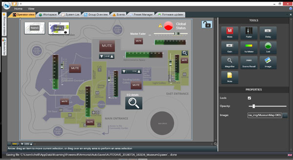 Armonía Operator View: museum floor plan with mute buttons, faders and level meters placed on each area