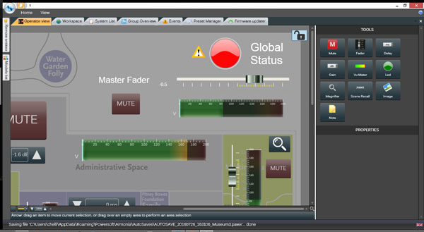 Armonía Operator View close-up: Global Status indicator, master fader, mute buttons and VU meters
