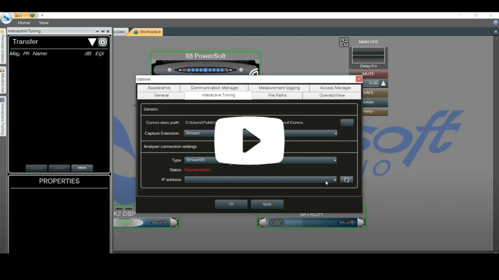 Armonía options window on the Interactive Tuning tab, with Smaart analyser connection settings and play button