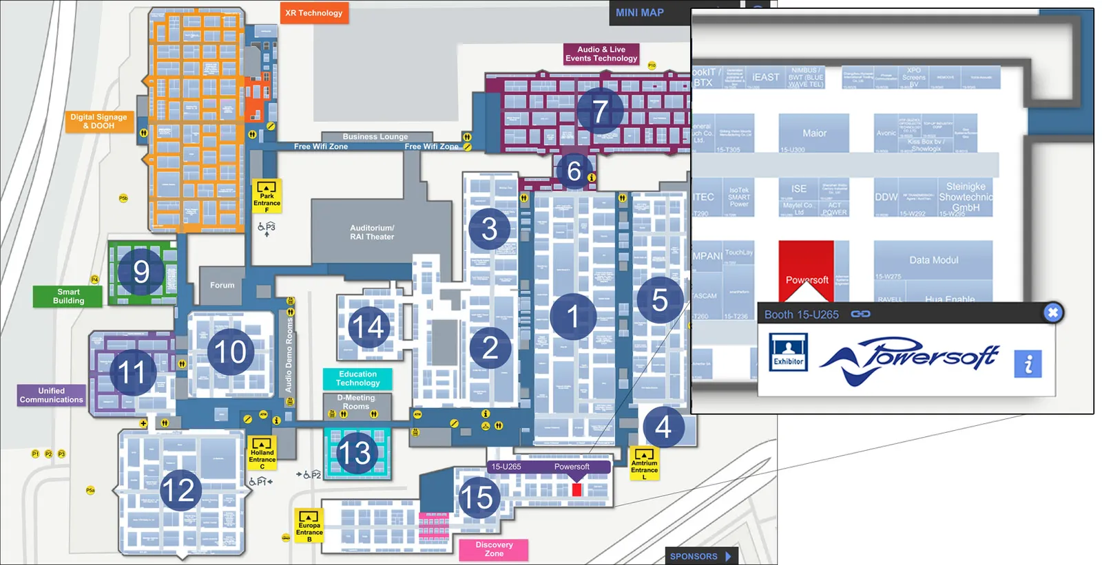 ISE 2018 floor plan with the Powersoft booth 15-U265 highlighted in Hall 15