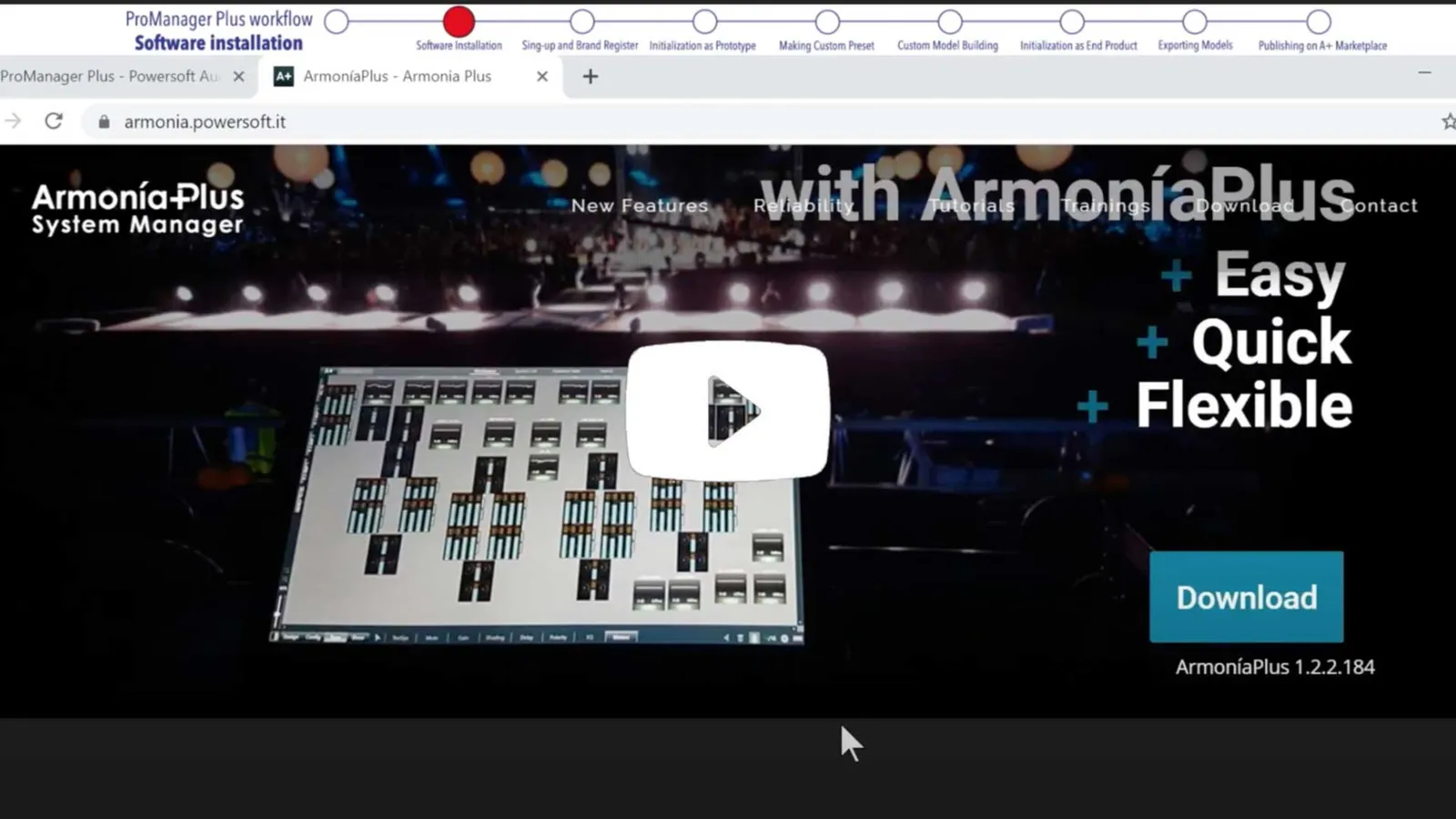 Video frame: ProManager Plus workflow, software installation step, with the ArmoníaPlus download page