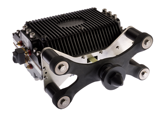 M-Force moving magnet linear motor: black finned housing on a metal frame with suspension arms