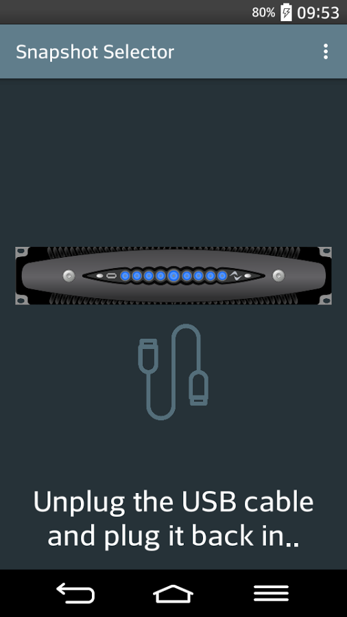 Snapshot Selector app screen asking to unplug and replug the USB cable, with an X Series front panel drawing