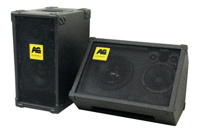 AccuGroove cabinet and wedge monitor with yellow AG logos