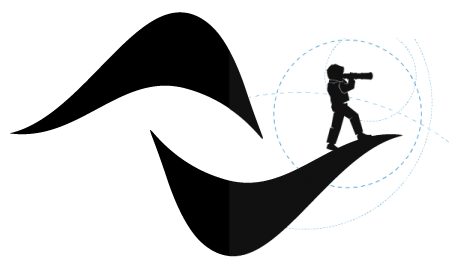 Silhouette of a person looking through a telescope from the tip of a black wave shape