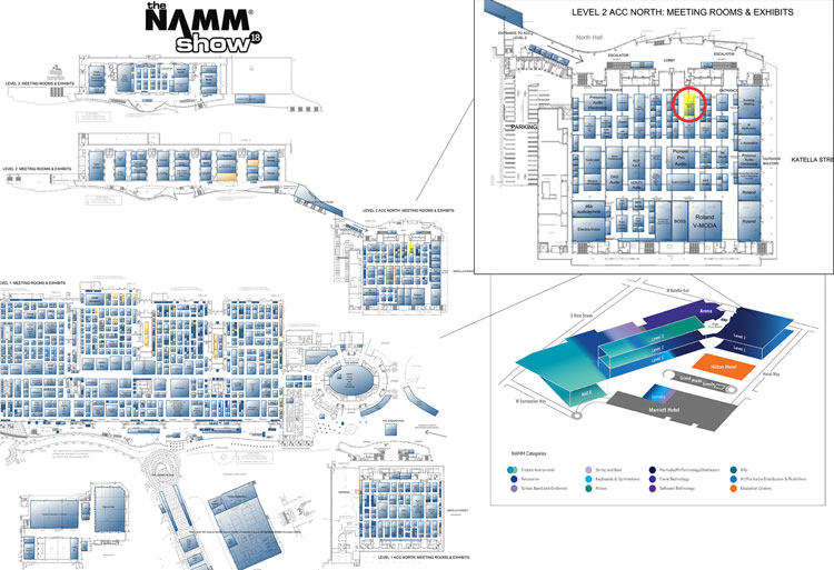 The NAMM Show 2018 floor plans, with one booth circled in red on Level 2 ACC North
