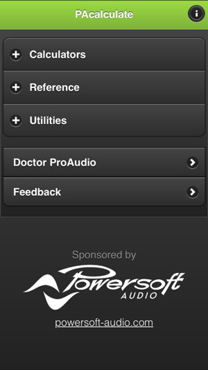 PAcalculate app main menu with Calculators, Reference and Utilities, sponsored by Powersoft