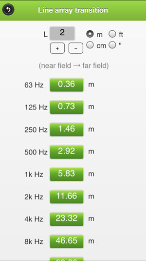 PAcalculate line array calculator: near field to far field transition distance per frequency for a 2 m array