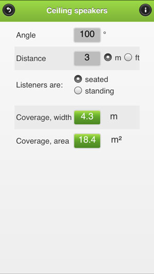 PAcalculate ceiling speaker calculator: 100° angle at 3 m gives 4.3 m coverage width and 18.4 m² area