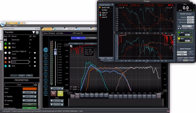 Armonía Interactive Tuning panel with filter response curves, beside a Smaart transfer function window