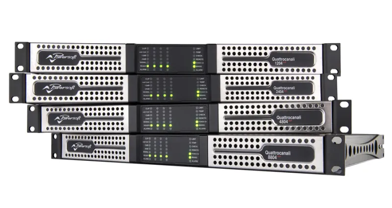Four stacked Quattrocanali amplifiers, front view: Quattrocanali 1204, 2404, 4804 and 8804