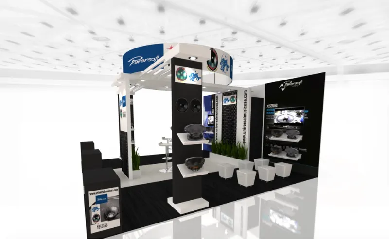 3D render of the Universal Music booth with Powersoft signage, loudspeaker drivers on display and an X Series panel