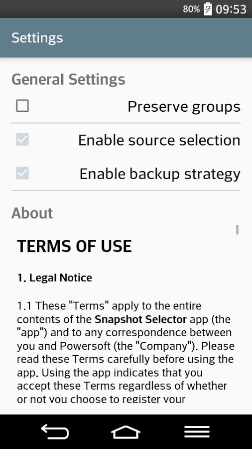 Snapshot Selector settings: preserve groups, enable source selection, enable backup strategy, terms of use