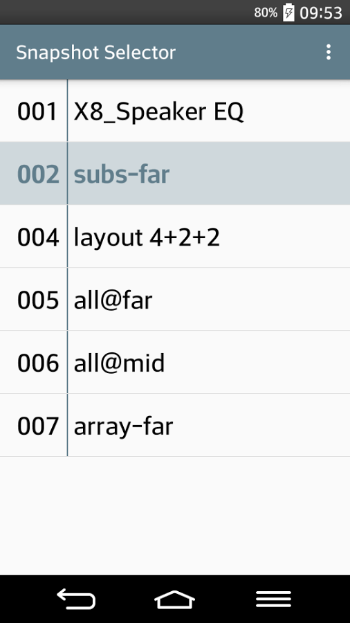 Snapshot Selector list of stored snapshots, from 001 X8_Speaker EQ to 007 array-far